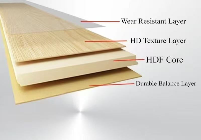 AE Series plank construction — wear layer, HD texture layer, HDF core, balance layer
